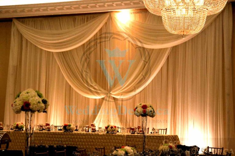 Wedding Decor Toronto Backdrop white with lighting and crystals and fresh flowers 768x512