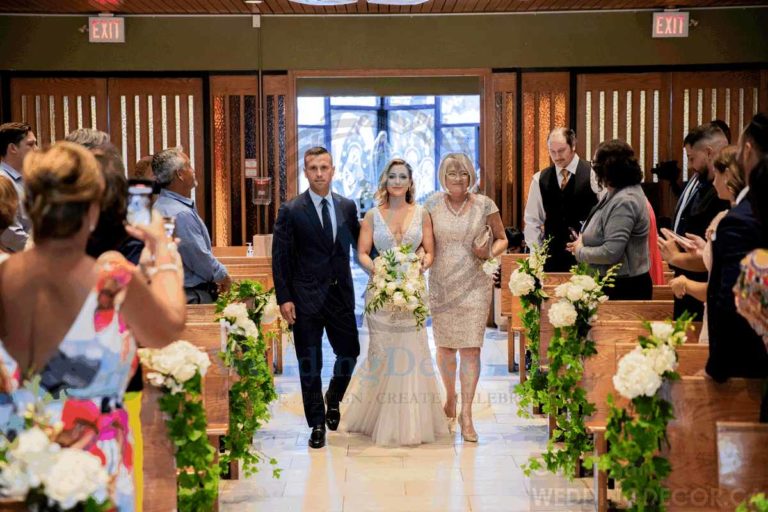 Wedding Decor Toronto aisle church pew accent floral with greenery hanging decor rentals mississauga 1 768x512